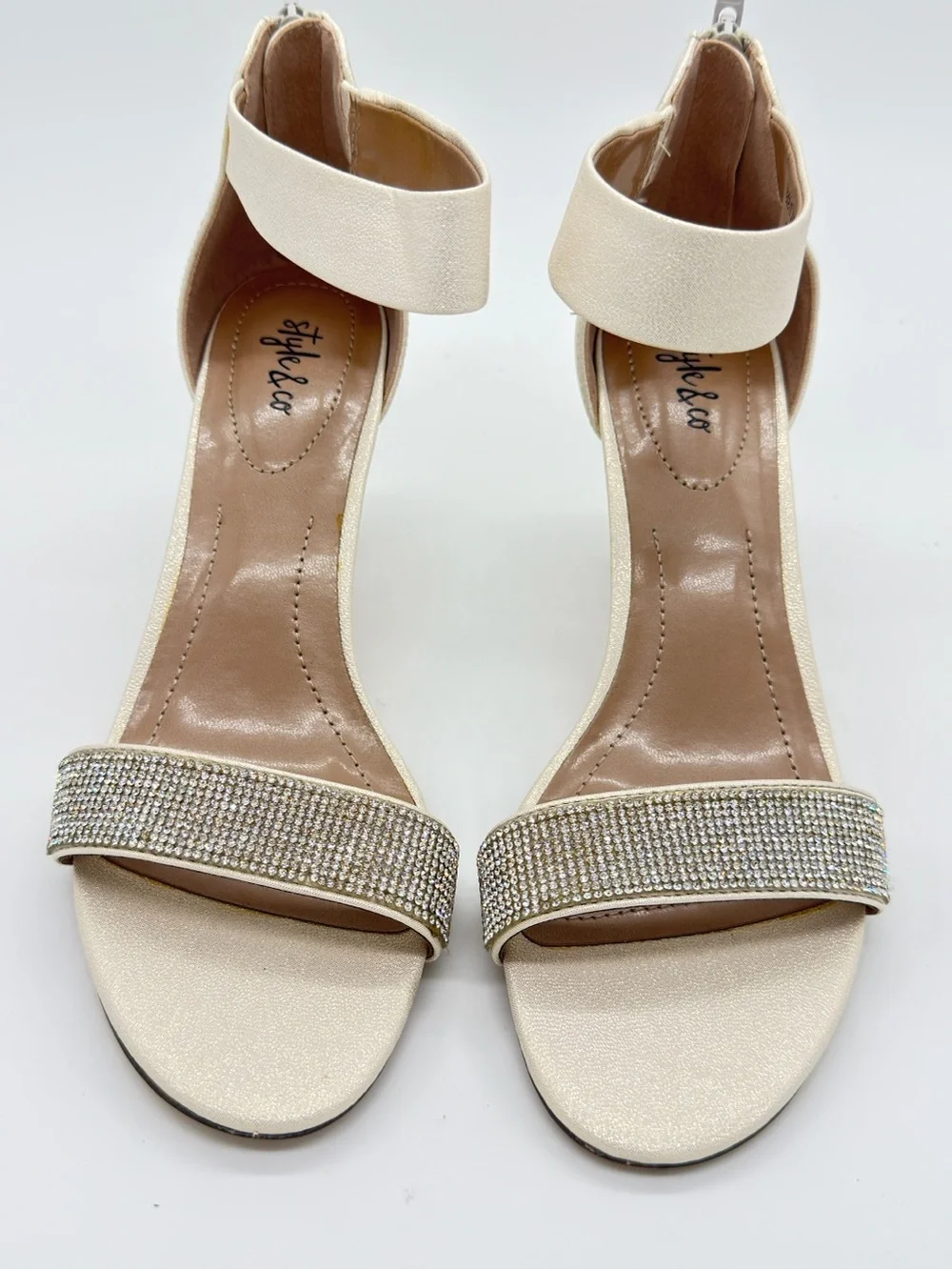 Style & Co. Ivory Rhinestone Ankle-Strap Kitten Heels